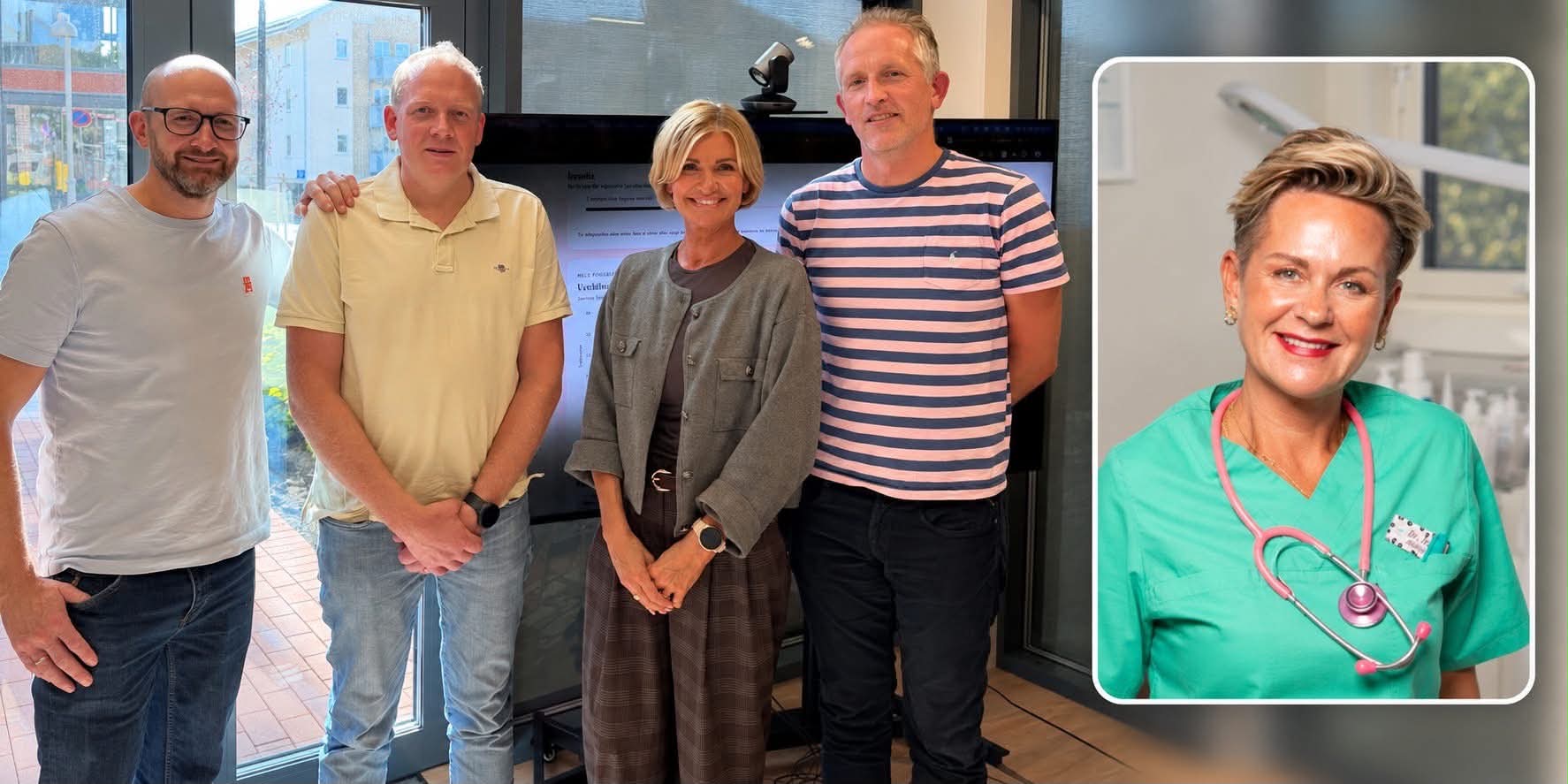 Team-bilde fra arbeidet med Greppi, med et innfelt legeportrett